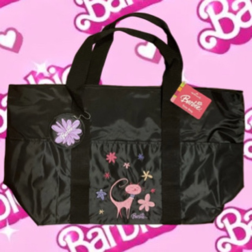 2004 Hallmark Barbie Tote Bag Cat and Flowers 3 Front Pockets 19.5”x 11”
